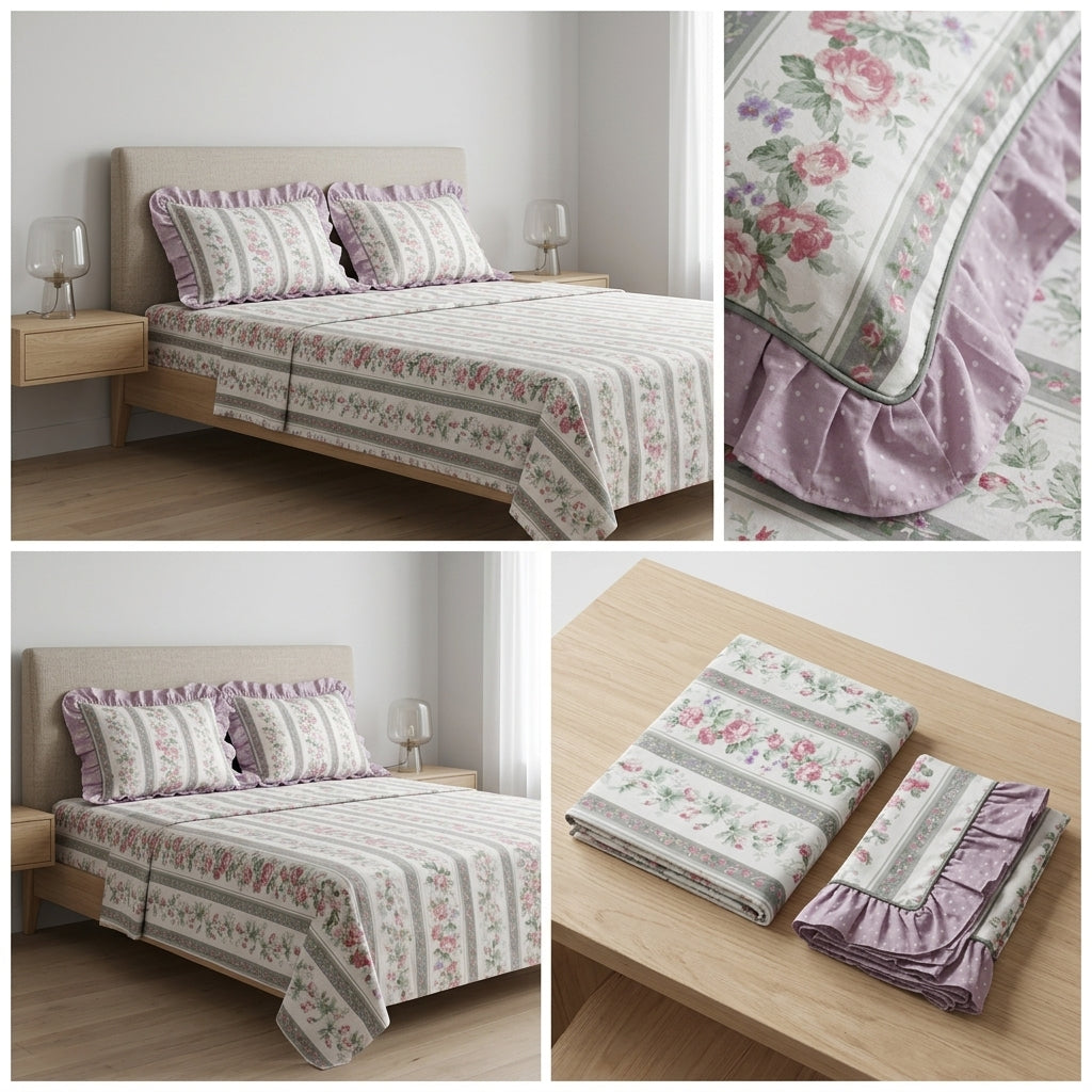 English prints Bedsheet with lace pillow covers 100% Cotton