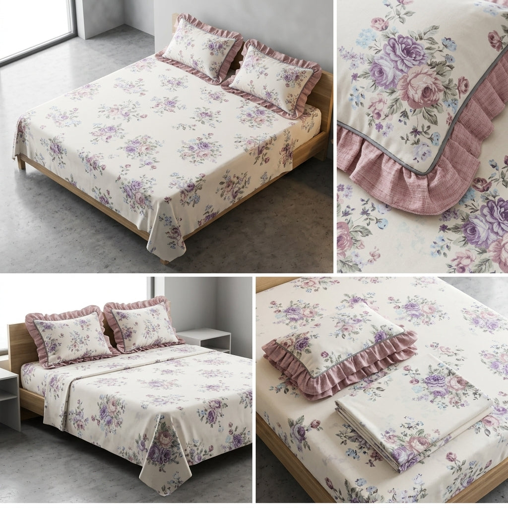 English prints Bedsheet with lace pillow covers 100% Cotton