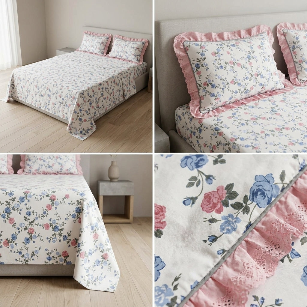 English prints Bedsheet with lace pillow covers 100% Cotton