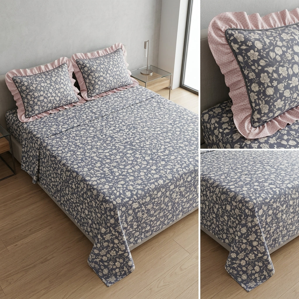 English prints Bedsheet with lace pillow covers 100% Cotton
