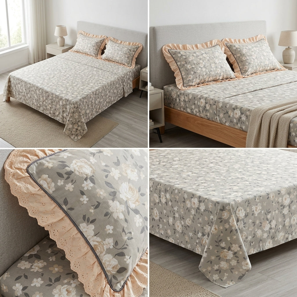 English prints Bedsheet with lace pillow covers 100% Cotton