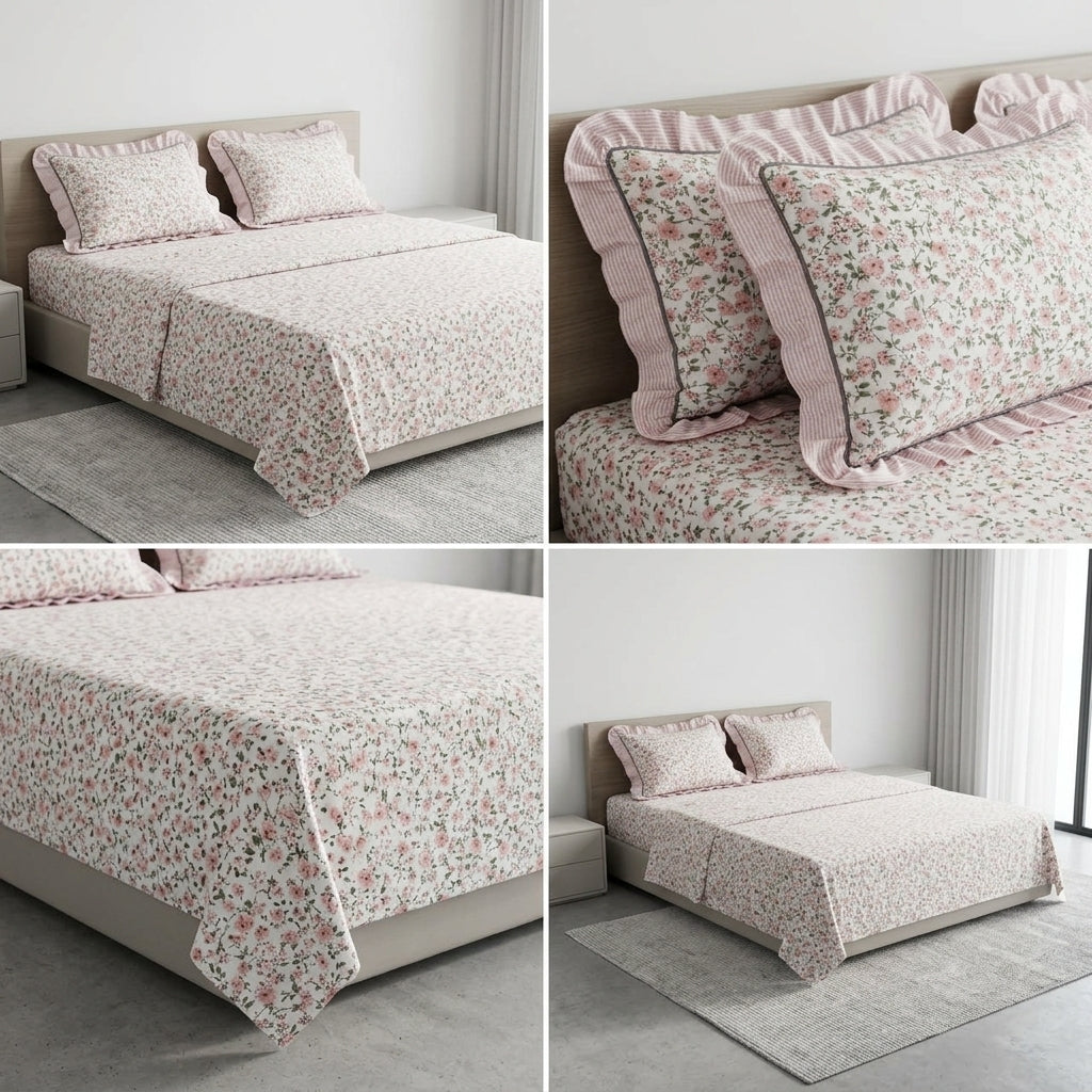 English prints Bedsheet with lace pillow covers 100% Cotton