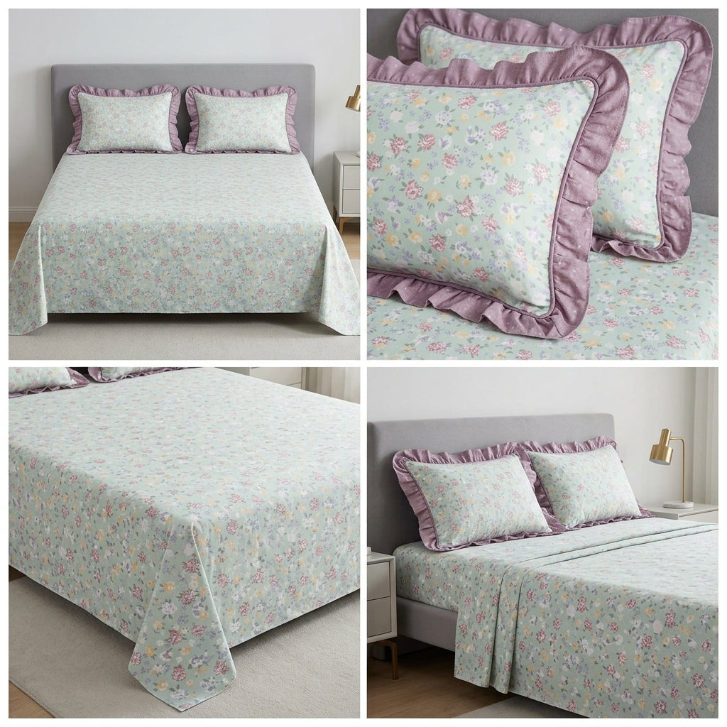 English prints Bedsheet with lace pillow covers 100% Cotton