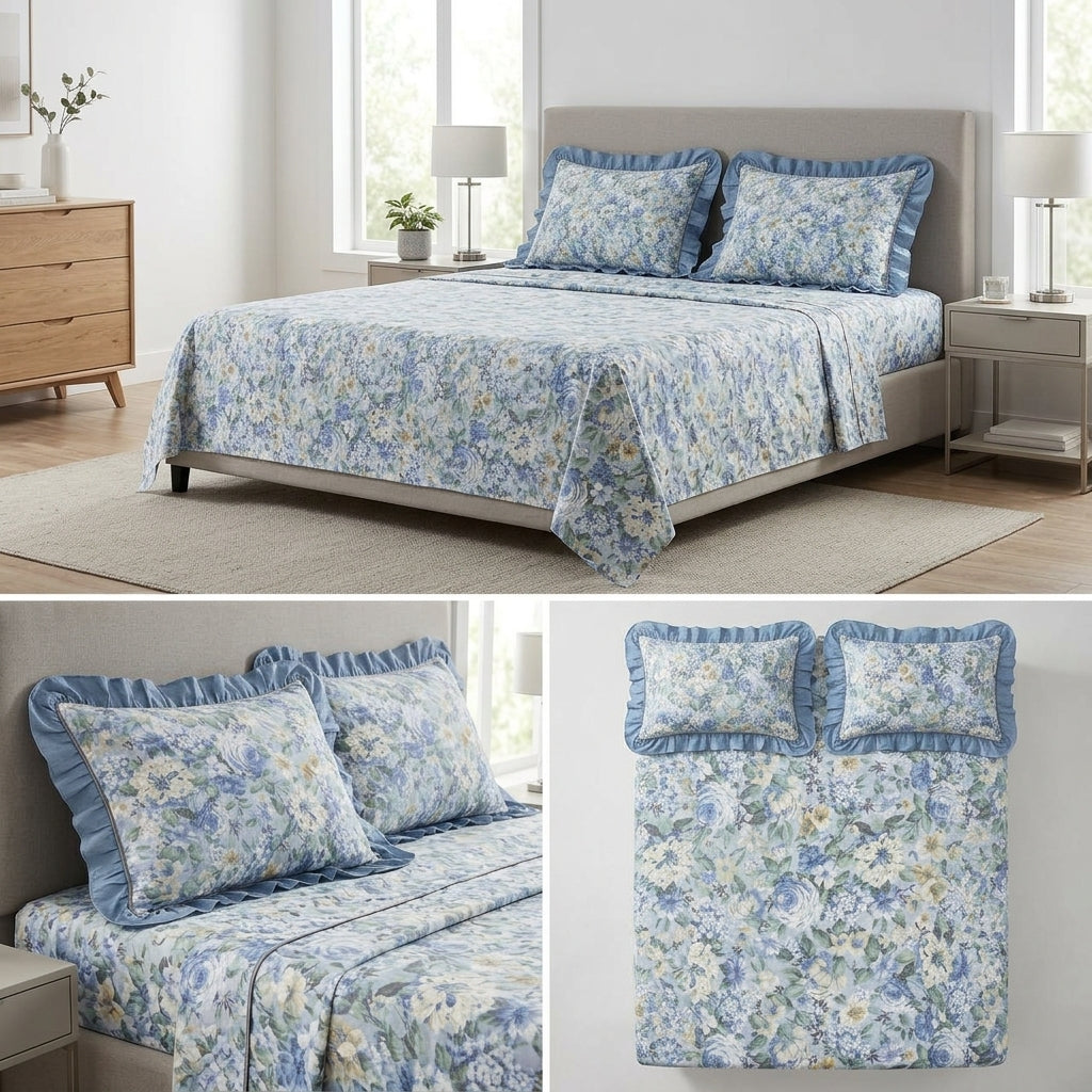 English prints Bedsheet with lace pillow covers 100% Cotton