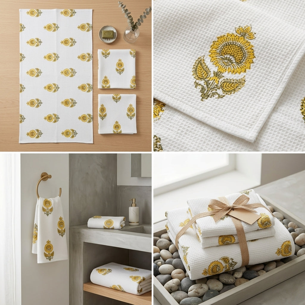 Waffle Cotton Towel Set – 3 Piece Embroidered Collection
