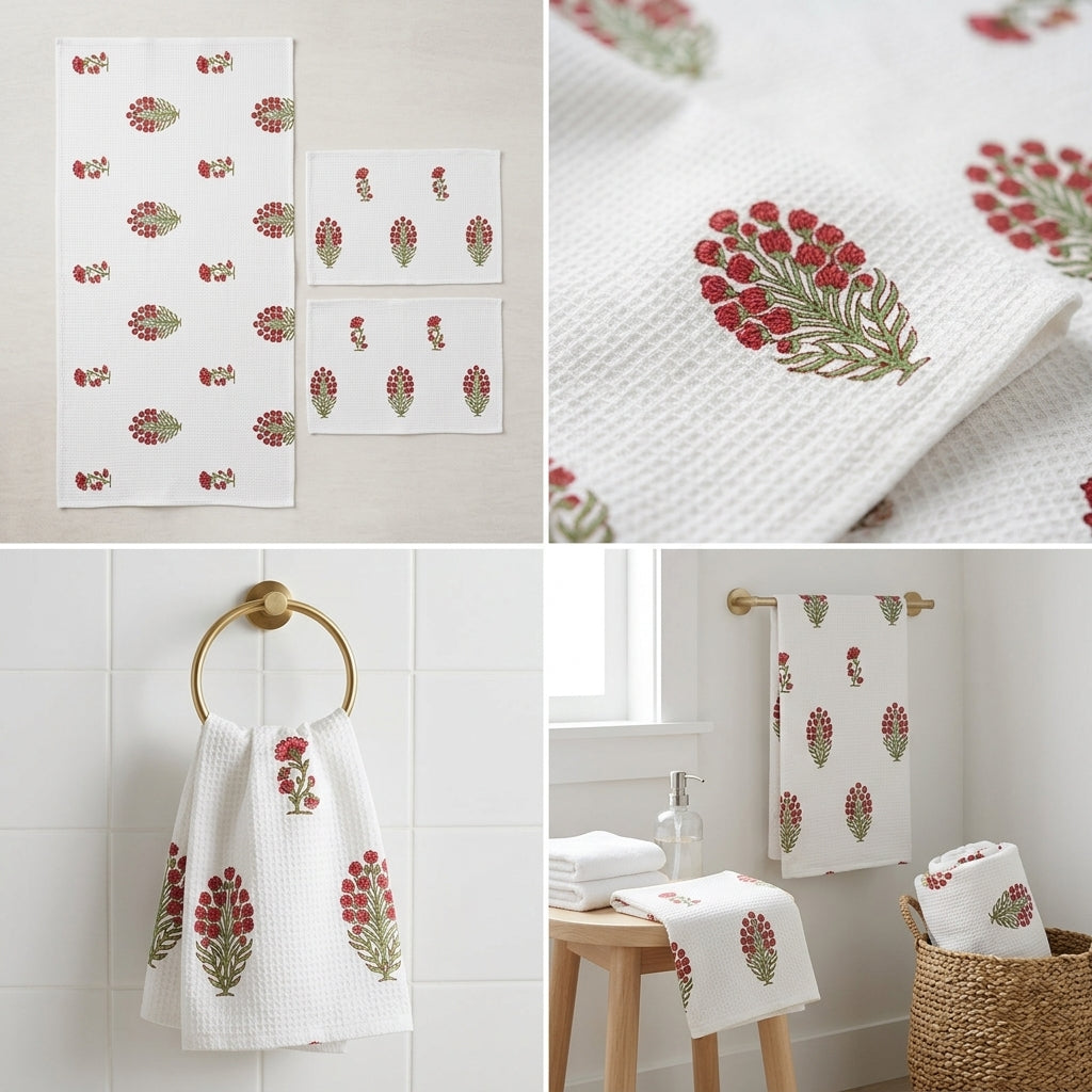 Waffle Cotton Towel Set – 3 Piece Embroidered Collection