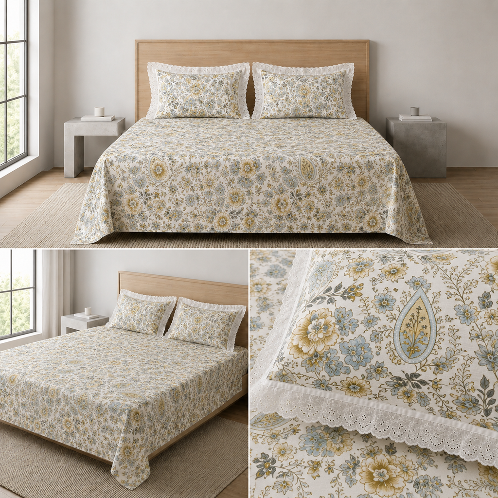 Floral King Size Bedsheet with Designer Lace Pillow Covers (108 x 108 Inches) Product Code:- 55B1150RKEH