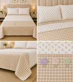 Gingham King Size Quilted Bedcover with 3 Beautiful 3D Floral Appliqué | Product Code :- 55B185RKEH