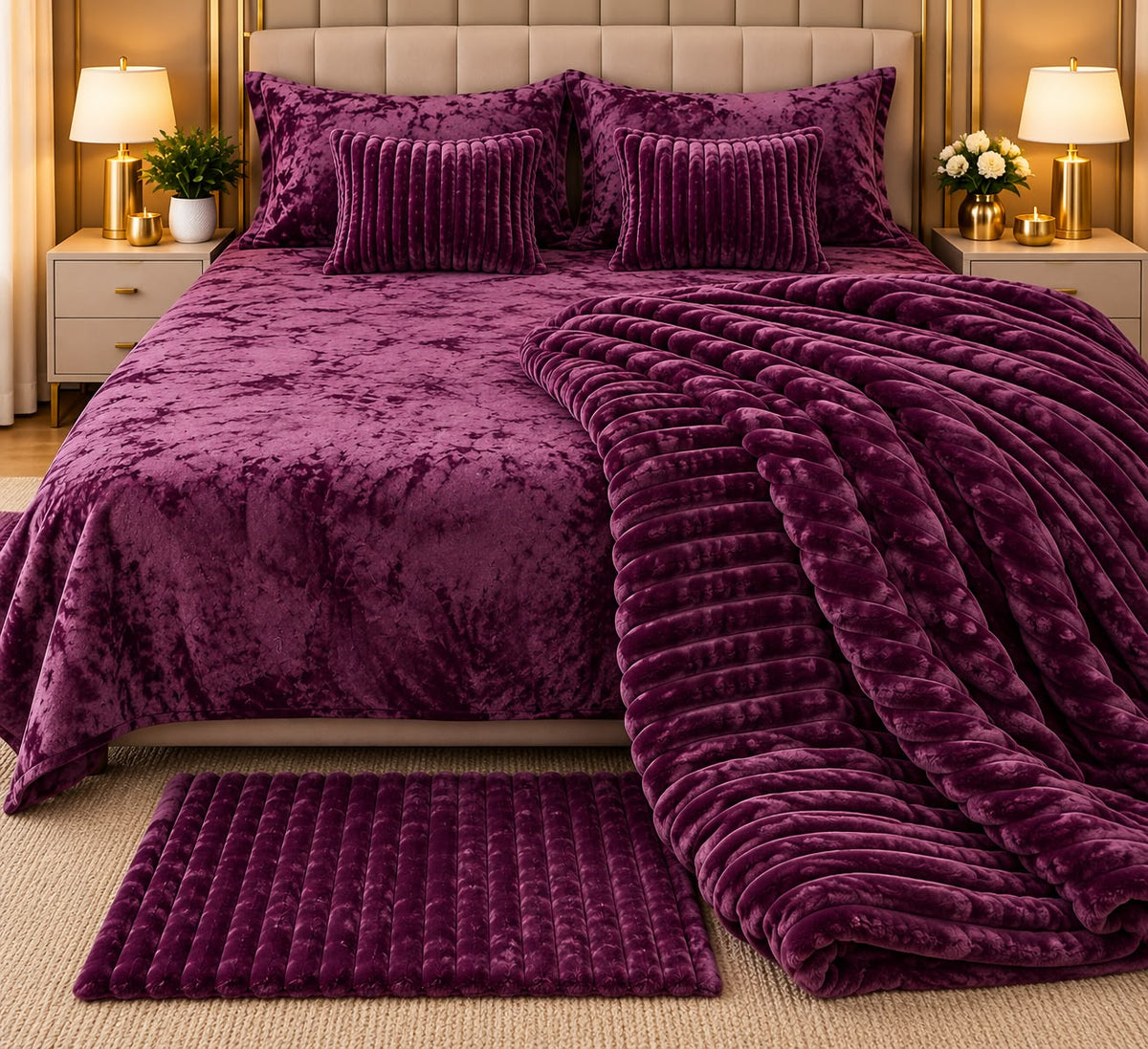 Royal Velvet Luxe Winter Bedding Set – 7 Pcs | Bedsheet, Plush Blanket, Pillow Covers, Cushions & Matching Mat