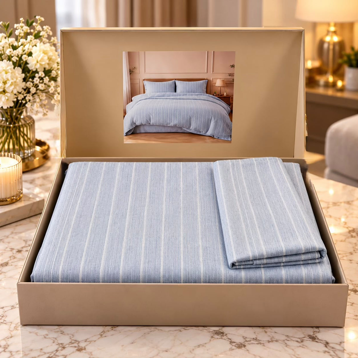 Luxe Stripes Premium Bedsheet Gift Box – Elegant King Size 3 Piece Bedding Set