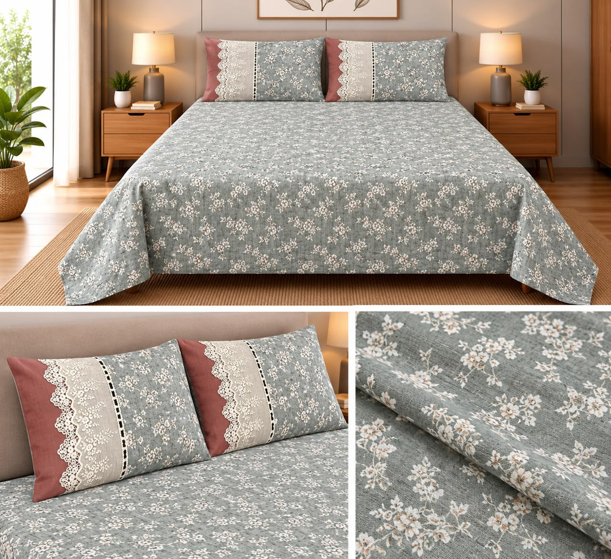 English Meadow Lace Cotton Bedsheet Set – King Size 3 Pcs