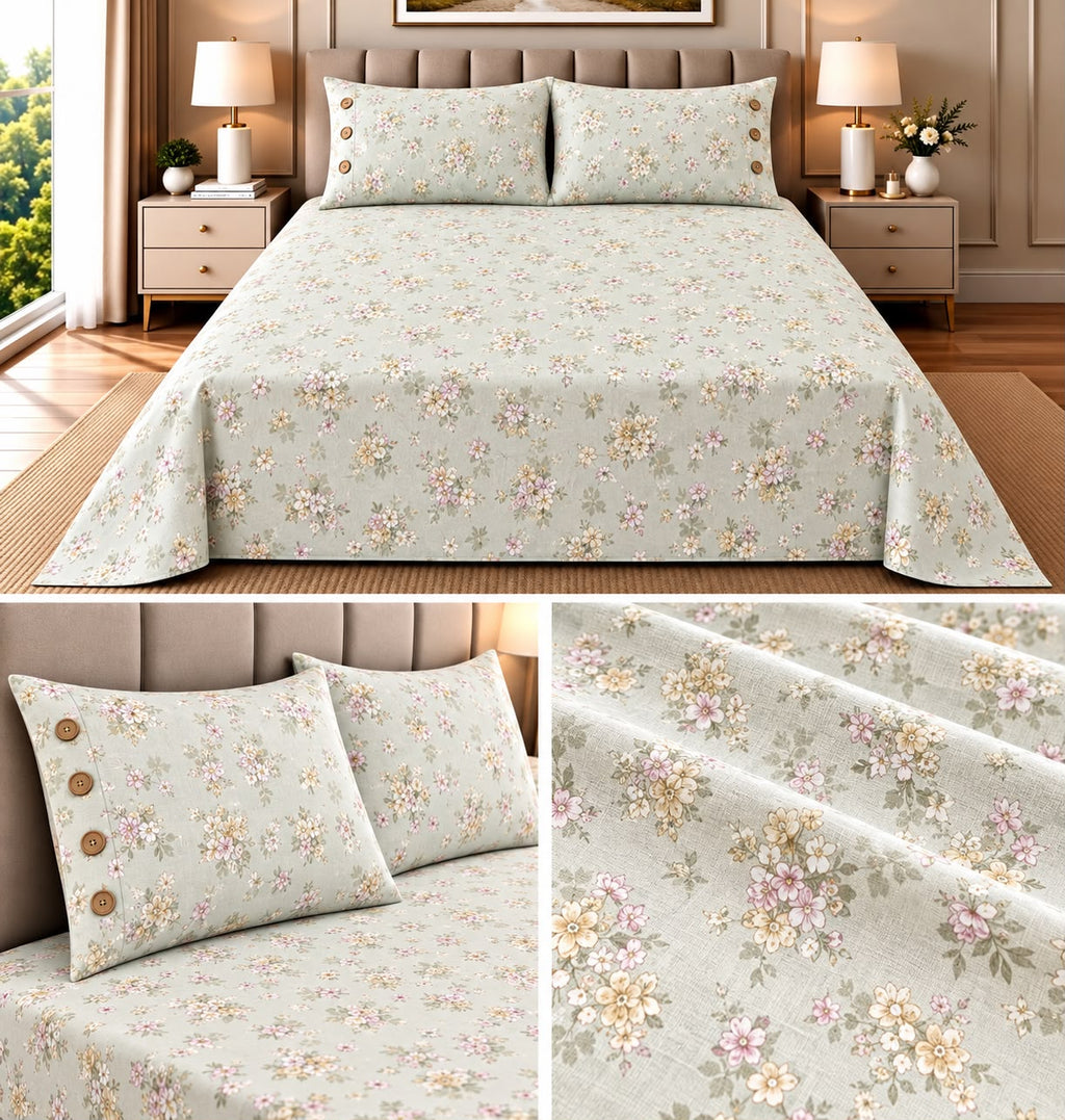 English Floral Cotton Bedsheet with 3-Button Pillow Covers – 2.5m × 2.7m