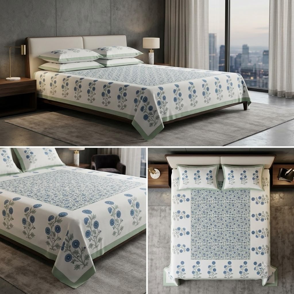 Heritage Block Print Cotton Bedsheet Set – King Size 3 Pcs