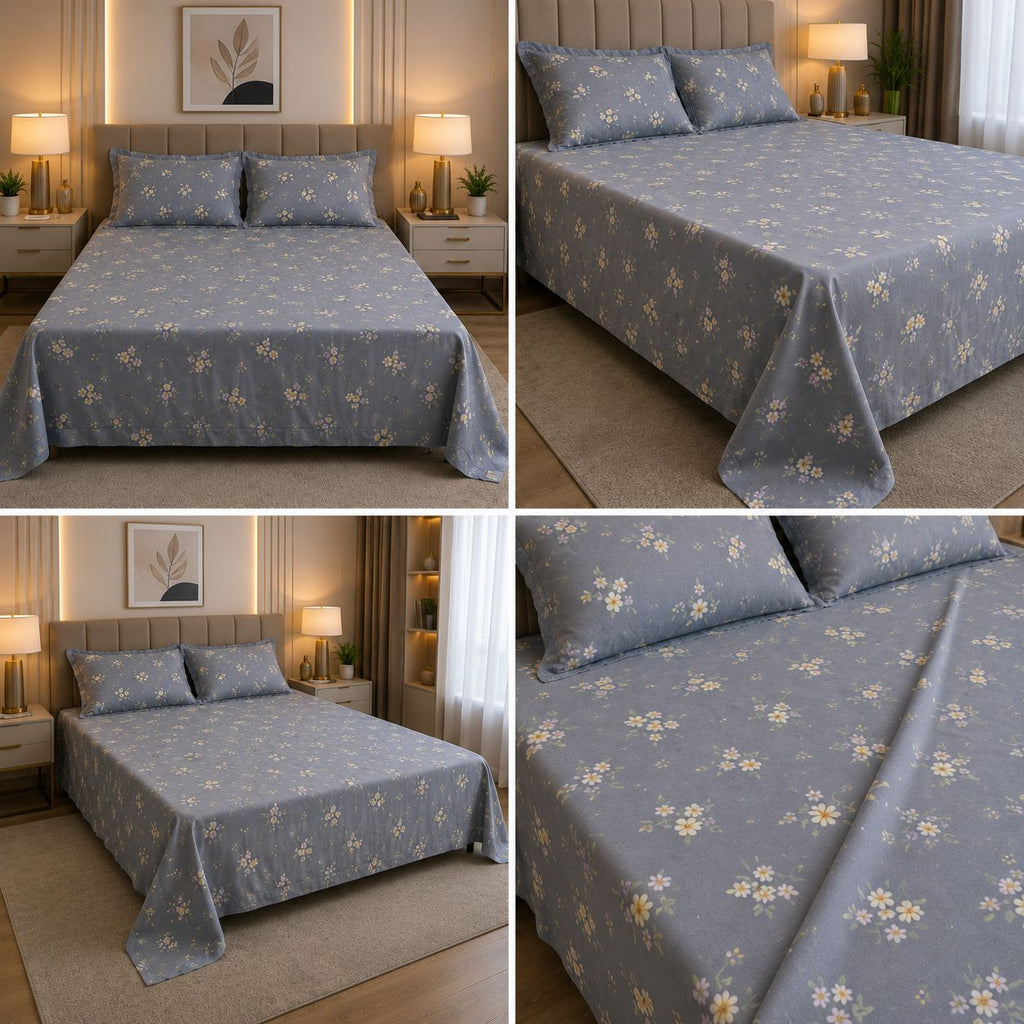 English Floral Print King Size Bedsheet with Lace Pillow Covers – 250 × 270 cm