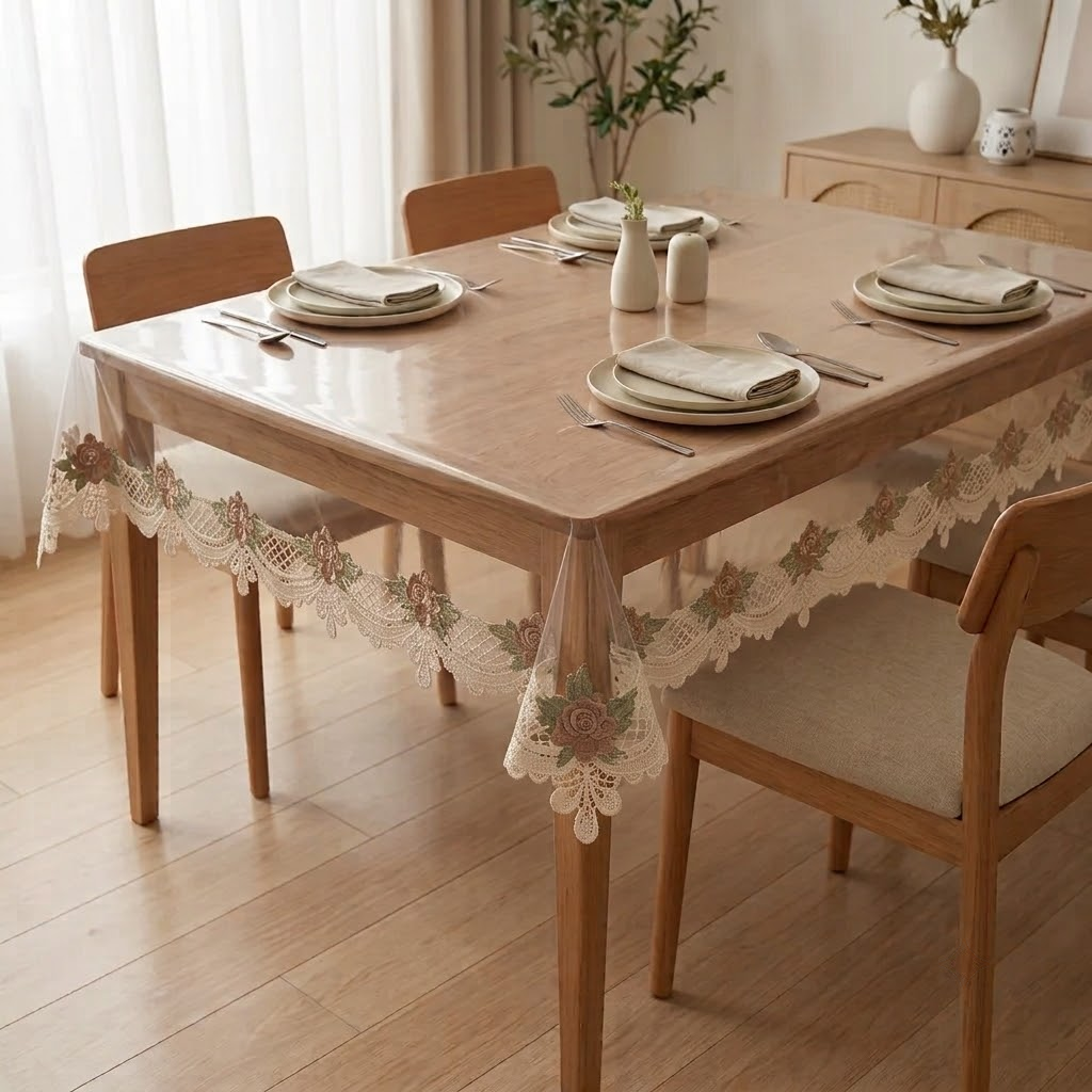 Transparent French Lace Dining 4 Seater Table Cover – Premium Quality Product Code :- 55B108RKEH