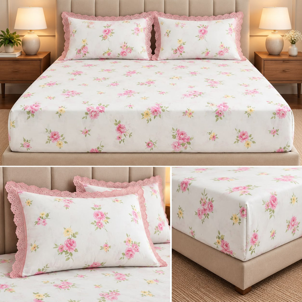 Vintage Bloom Fitted Bedsheet Set with Lace Pillow Covers – King Size 3 Pcs