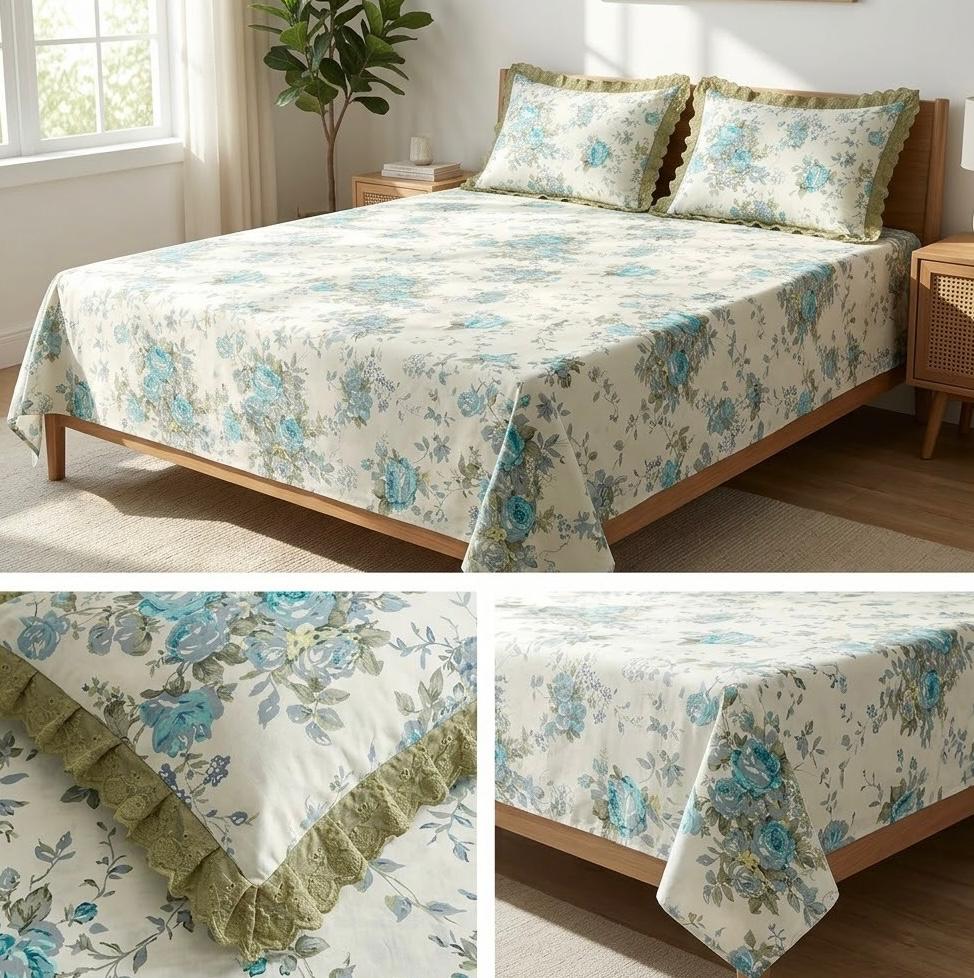 Pure Cotton Floral Bedsheet Set with Elegant Lace-Frilled Pillow Covers – King Size (108 × 108 Inches)