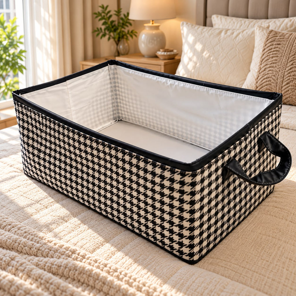 Foldable Storage Organizer Basket – Black & White Houndstooth Design