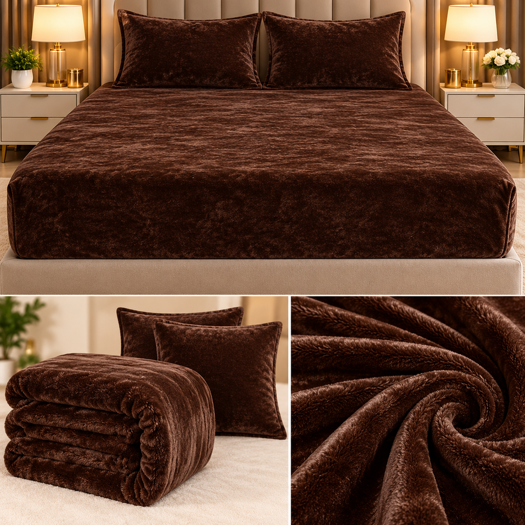 Luxe Dark Velvet Winter Fitted Bedsheet Set – King Size 3 Pcs