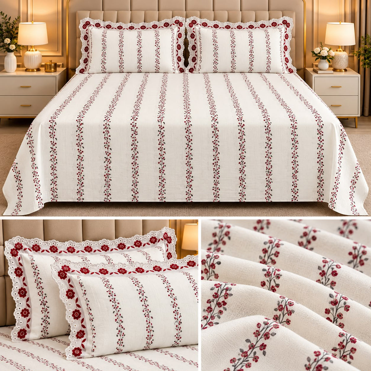 English Floral Lace Bedsheet Set – King Size 3 Pcs | Product Code :- 55B128RKEH