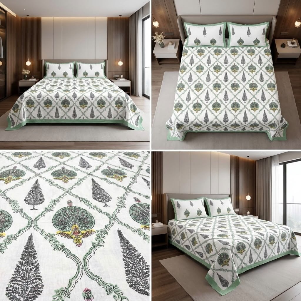 Heritage Block Print Cotton Bedsheet Set – King Size 3 Pcs