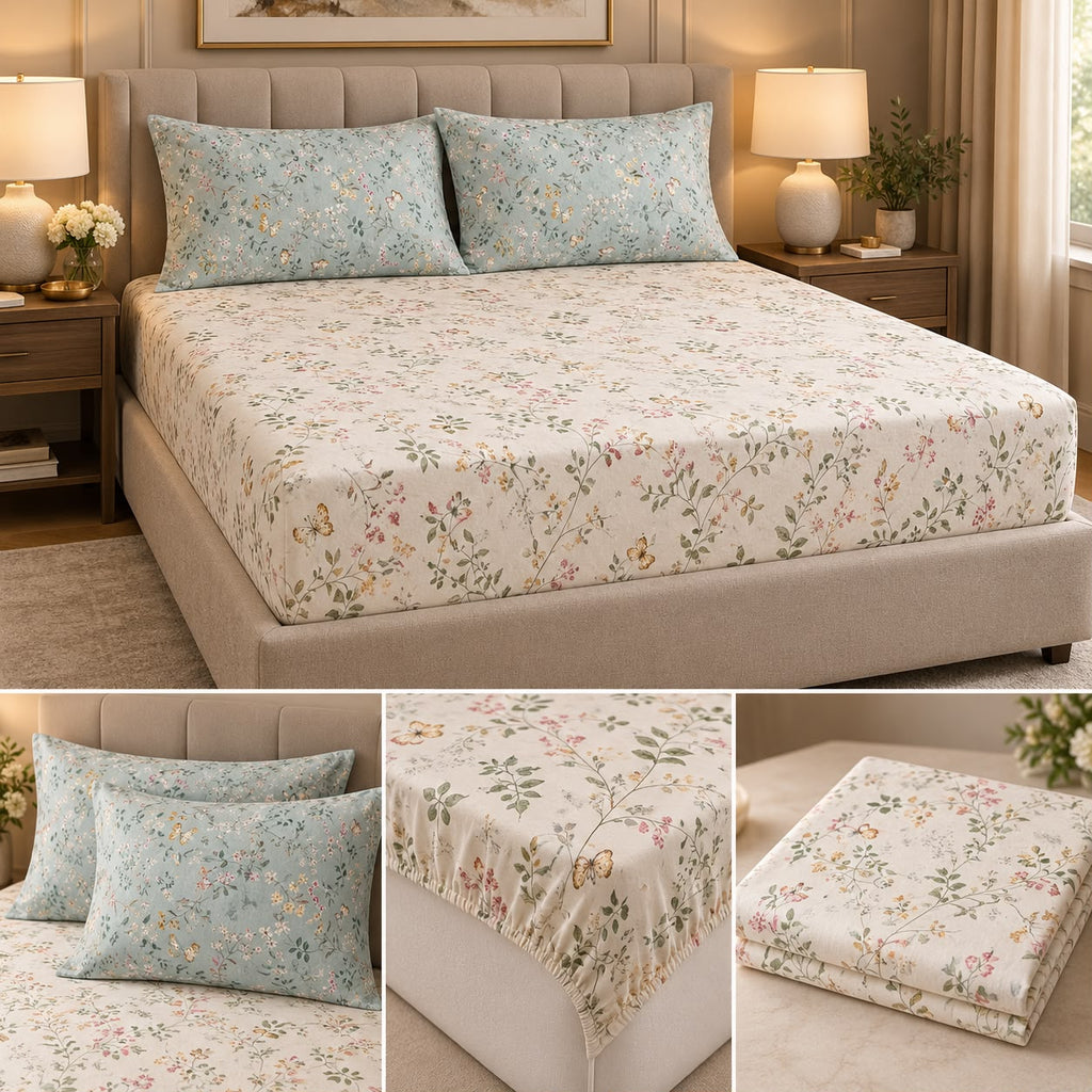Wildflower Whisper 100% Pure Cotton Fitted Bedsheet Set