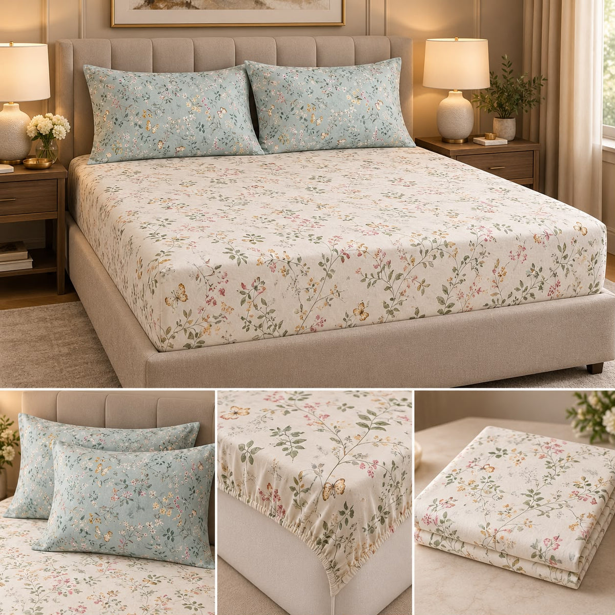 Wildflower Whisper 100% Pure Cotton Fitted Bedsheet Set