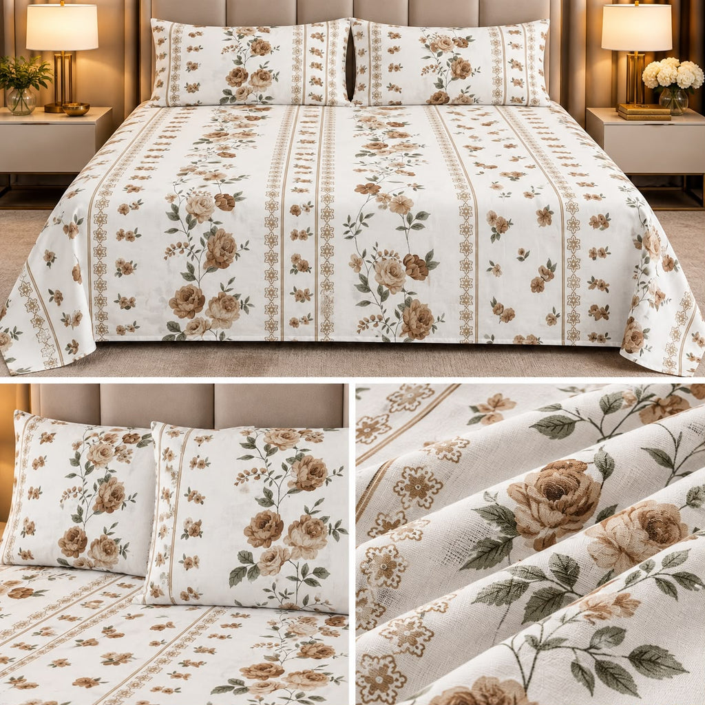 Jumbo Luxury Floral & Botanical Printed Bedsheet Set – 3 Pcs 120*120 Inch Super King