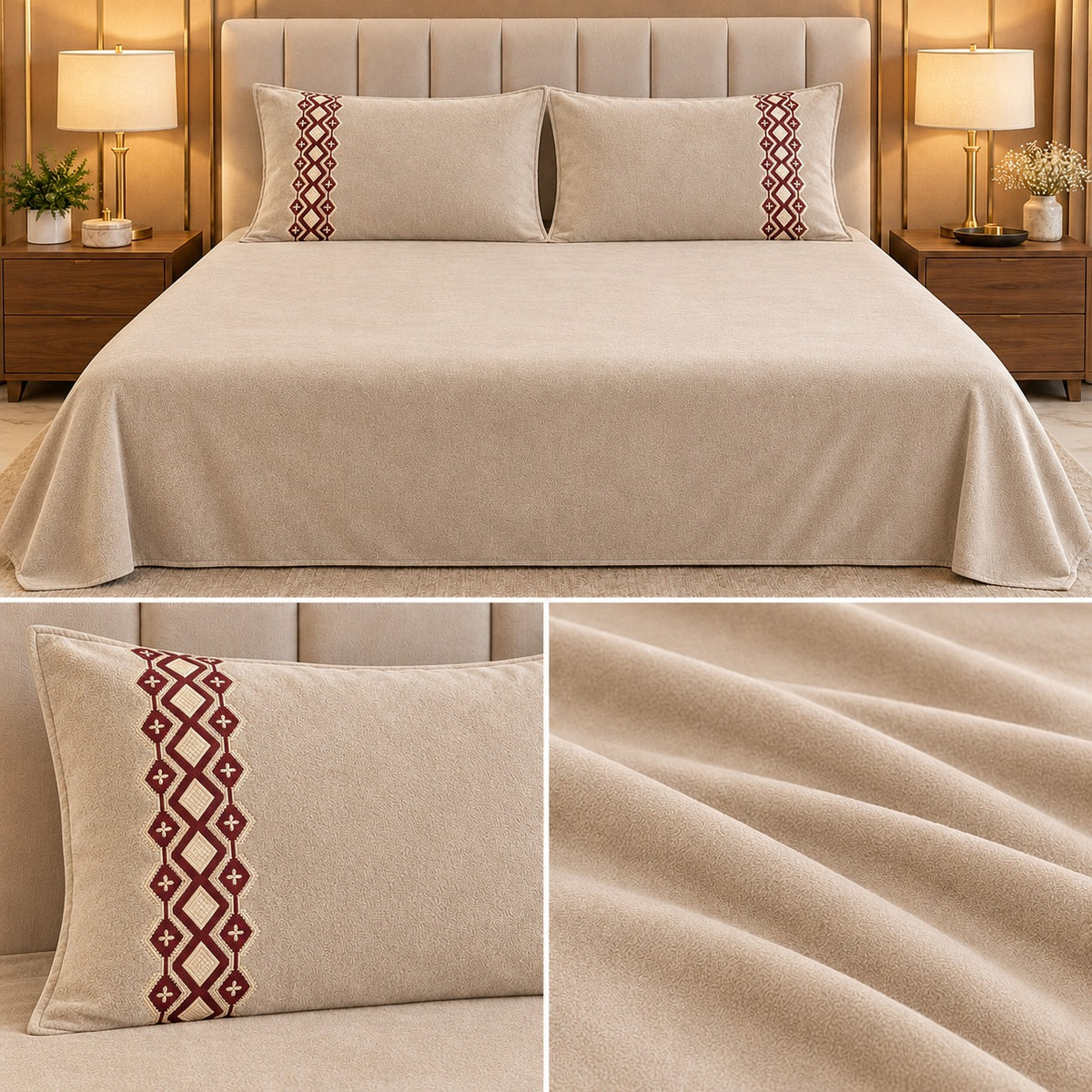 Embroidered Winter Bedsheet Set – King Size 3 Pcs | Ultra Soft Luxury Bedsheet with Designer Pillow Covers