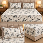 Vintage Bloom Fitted Bedsheet Set with Lace Pillow Covers – King Size 3 Pcs