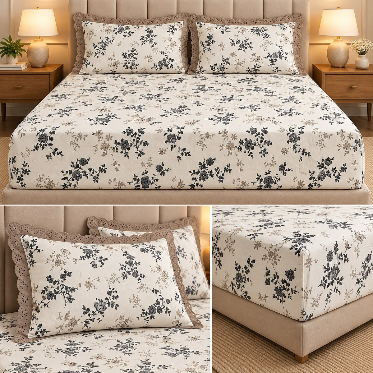Vintage Bloom Fitted Bedsheet Set with Lace Pillow Covers – King Size 3 Pcs