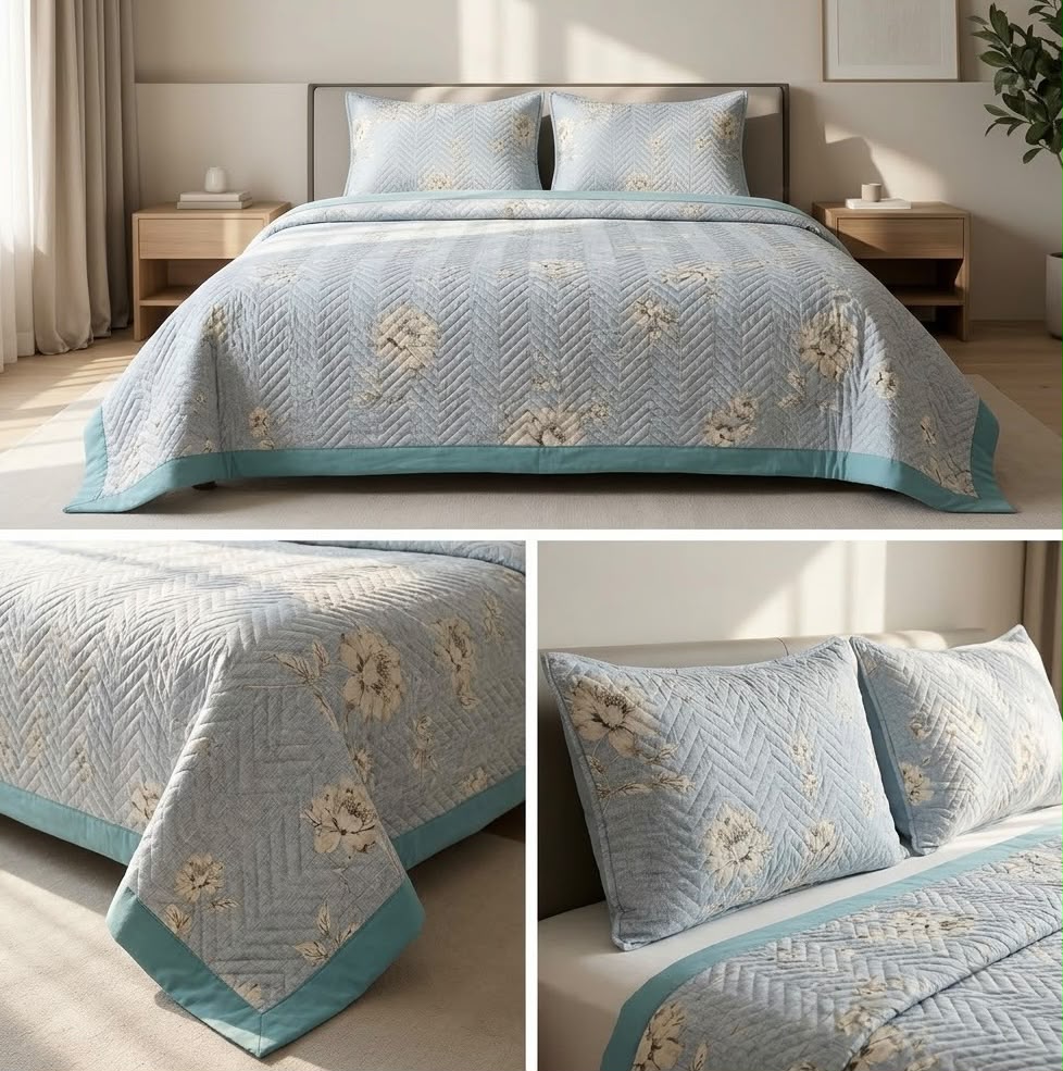 Luxury Floral Quilted Bedcover Set with Elegant Border Detailing – King Size (3 Pcs)