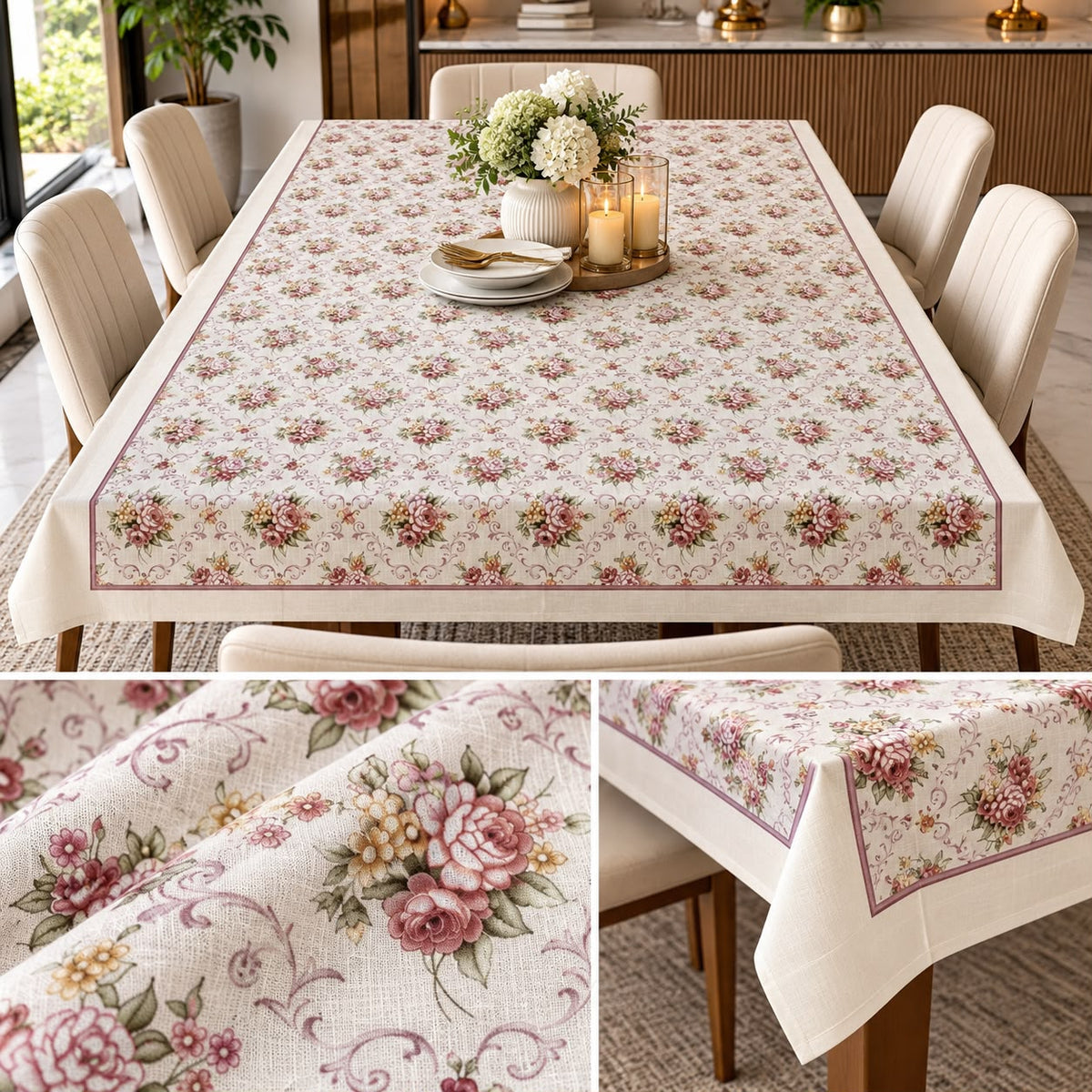 Blossom Heritage Linen Dining Sheet – 8 Seater | 60 × 108 Inches