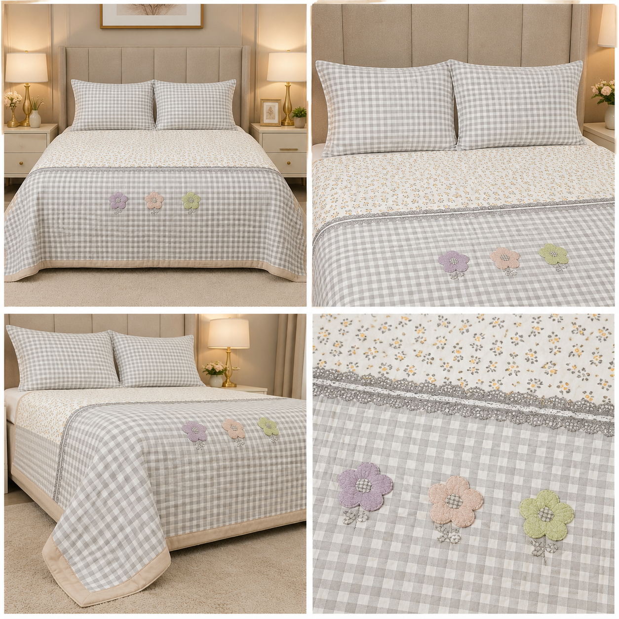 Gingham King Size Quilted Bedcover with 3 Beautiful 3D Floral Appliqué | Product Code :- 55B185RKEH