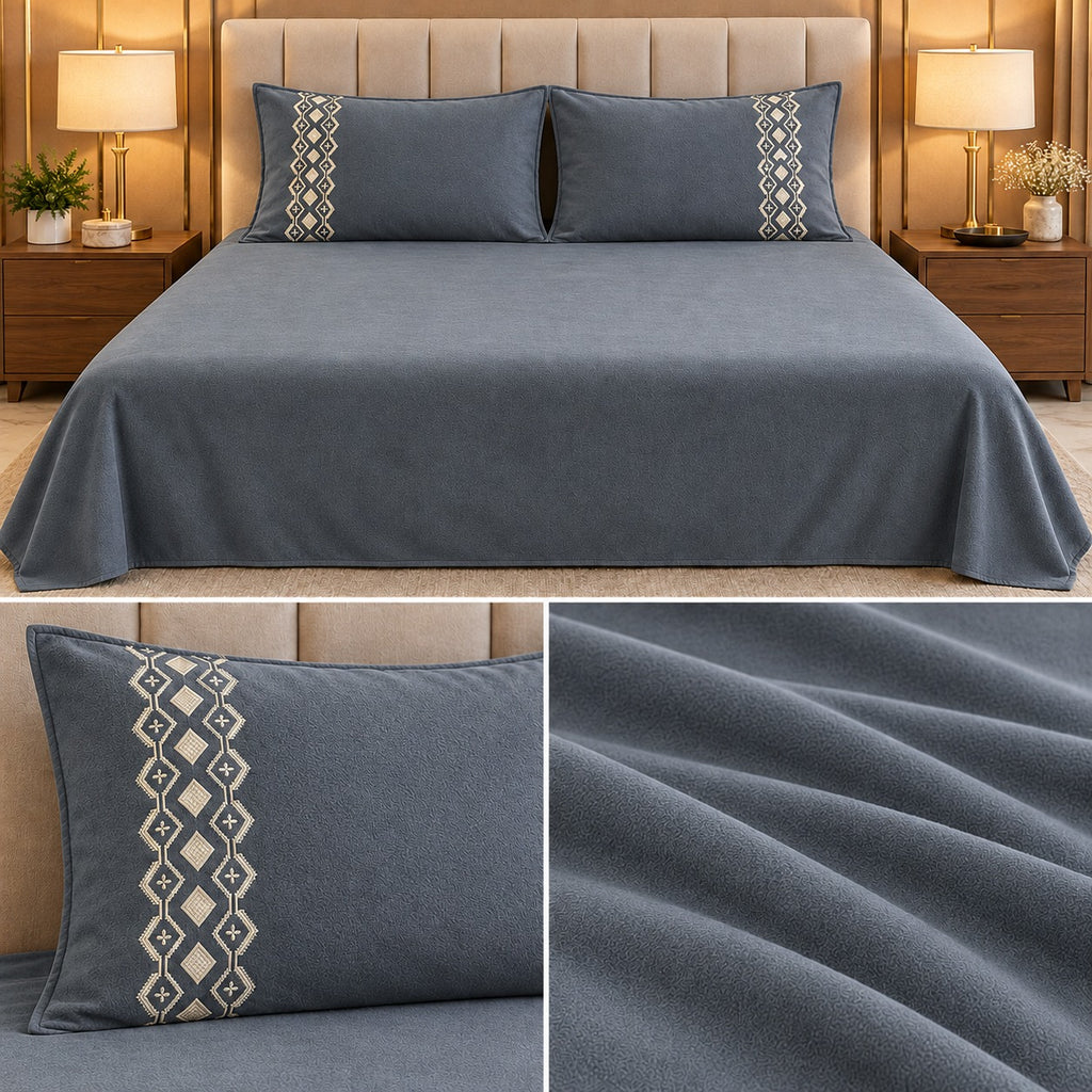 Embroidered Winter Bedsheet Set – King Size 3 Pcs | Ultra Soft Luxury Bedsheet with Designer Pillow Covers