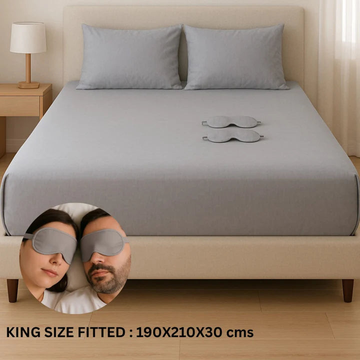 Solid Colour King Size Fitted Bedsheet Set with Eye Mask (108 x 108 inches)
