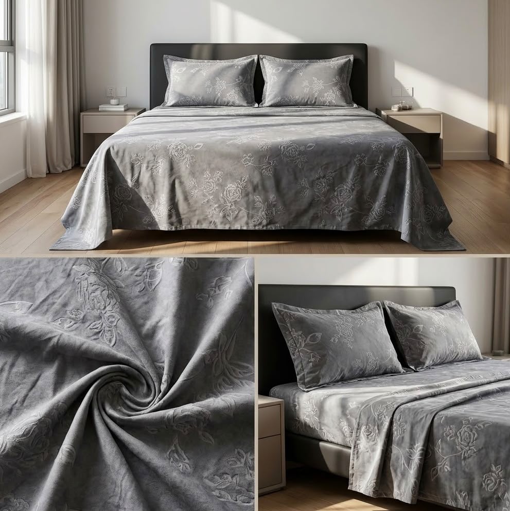 Warm Embossed Rose Floral Fitted Bedsheet Set – King Size (3 Pcs)