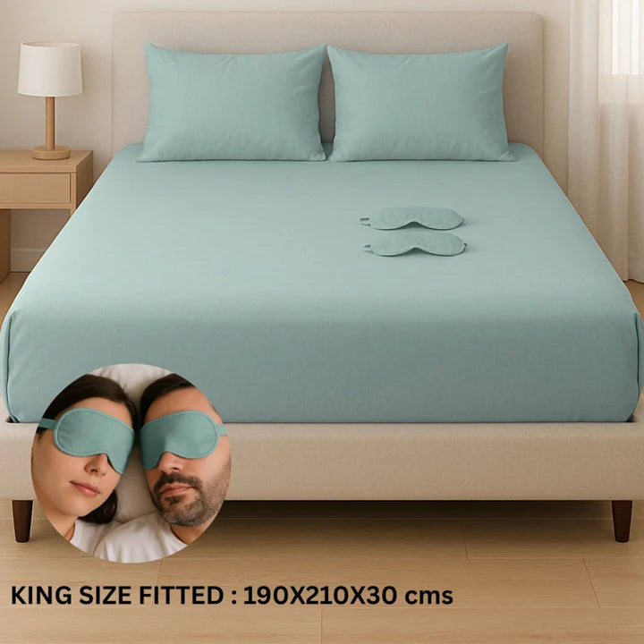 Solid Colour King Size Fitted Bedsheet Set with Eye Mask (108 x 108 inches)