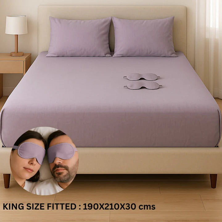 Solid Colour King Size Fitted Bedsheet Set with Eye Mask (108 x 108 inches)