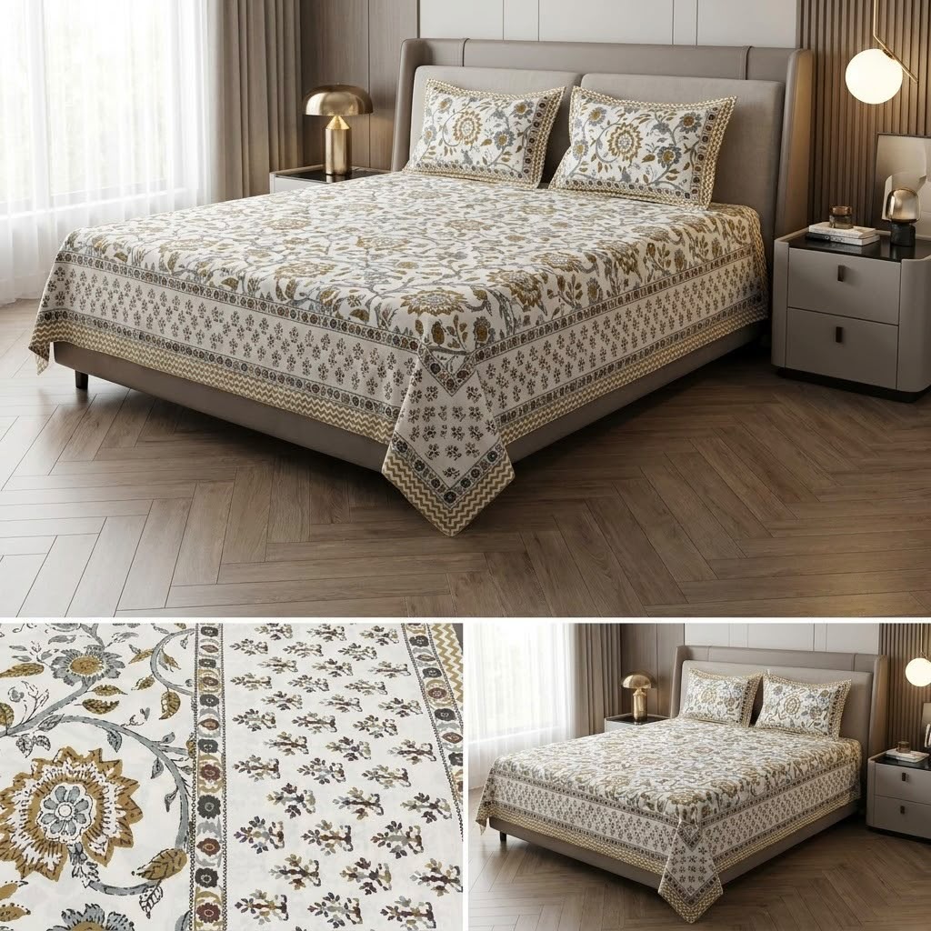Heritage Block Print Cotton Bedsheet Set – King Size 3 Pcs