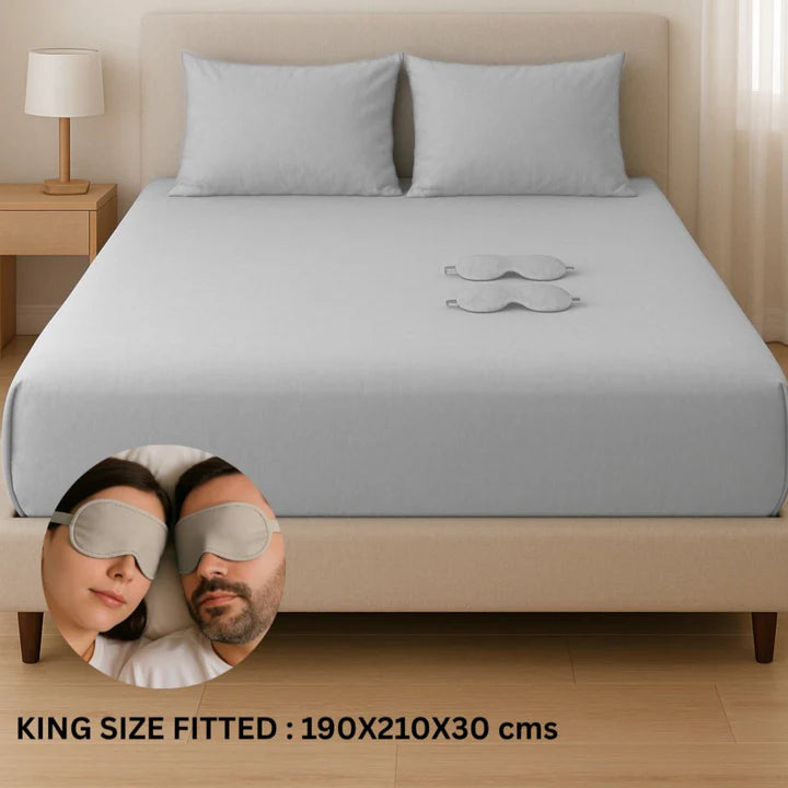Solid Colour King Size Fitted Bedsheet Set with Eye Mask (108 x 108 inches)
