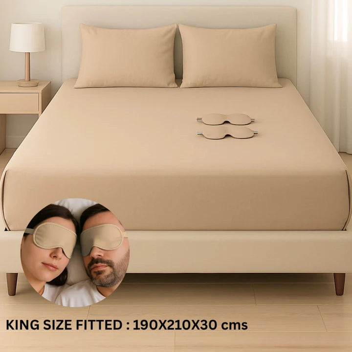 Solid Colour King Size Fitted Bedsheet Set with Eye Mask (108 x 108 inches)