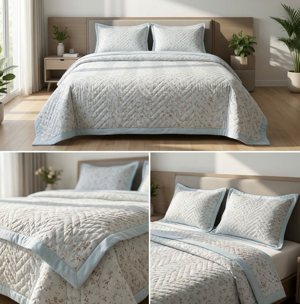 Luxury Floral Quilted Bedcover Set with Elegant Border Detailing – King Size (3 Pcs)