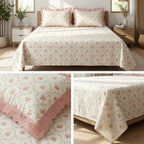Pure Cotton Floral Bedsheet Set with Elegant Lace-Frilled Pillow Covers – King Size (108 × 108 Inches)