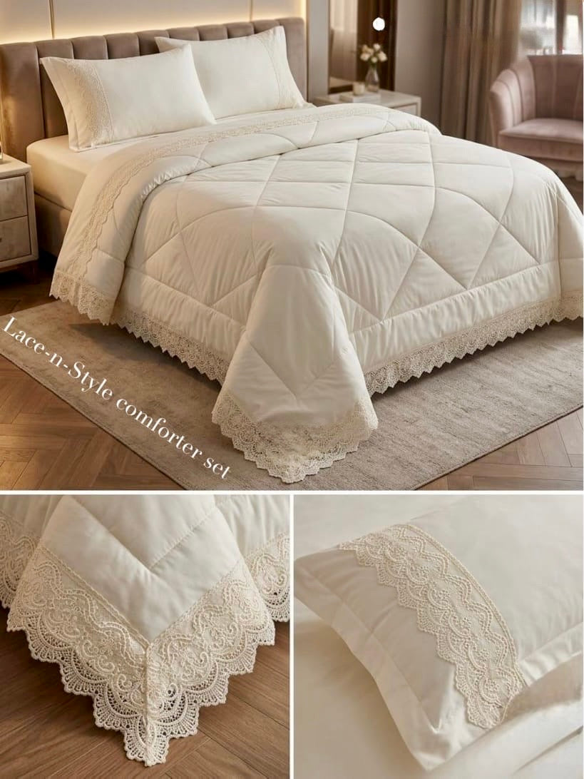 4-Piece Luxury AC Comforter Set with Lace Detailing – King Size