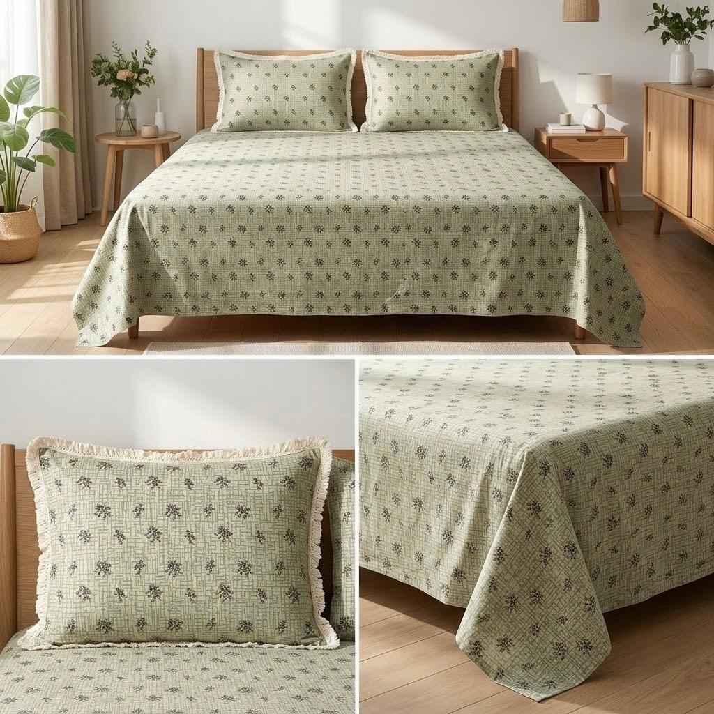 Designer Cotton Bedsheet Set with Elegant Tassel Fringe Pillow Covers – King Size (3 Pcs)