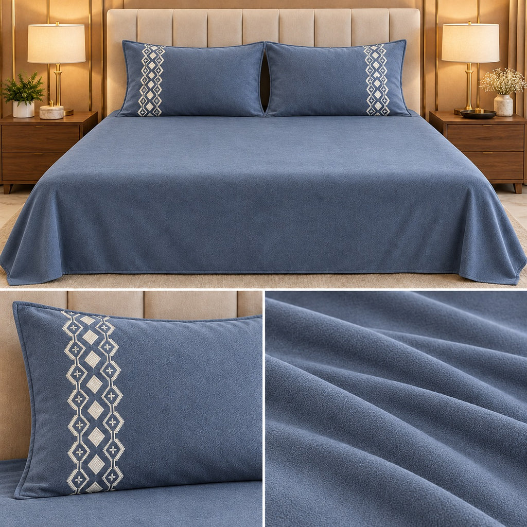 Embroidered Winter Bedsheet Set – King Size 3 Pcs | Ultra Soft Luxury Bedsheet with Designer Pillow Covers