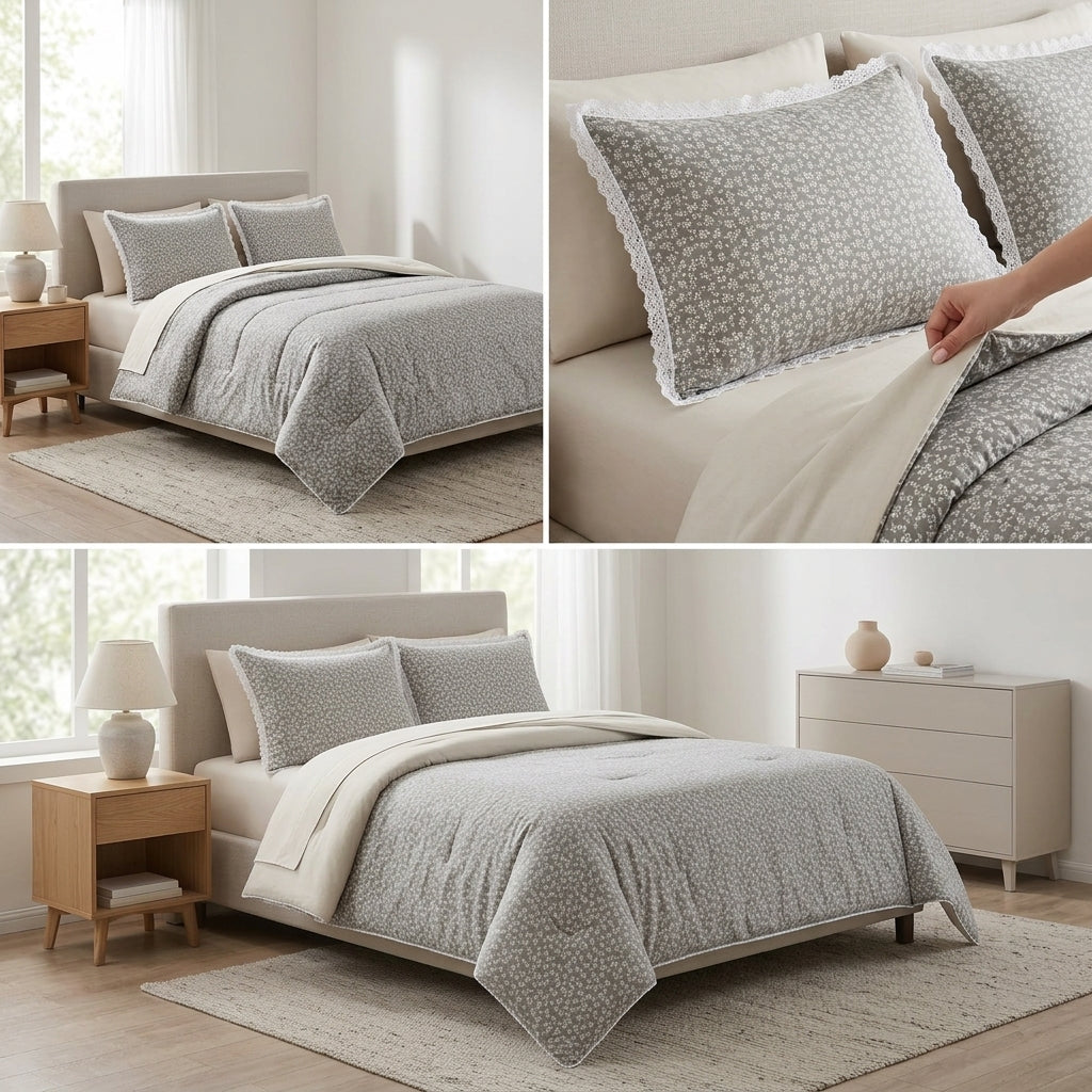 4 Pcs King Size Comforter Set with Lace Pillow Covers – Floral Print