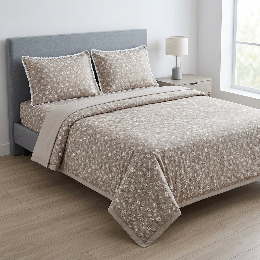 4 Pcs King Size Comforter Set with Lace Pillow Covers – Floral Print