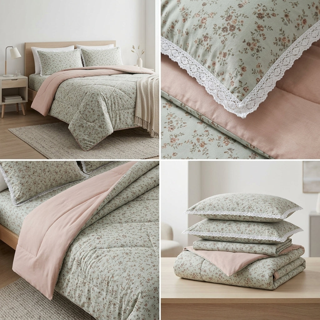 4 Pcs King Size Comforter Set with Lace Pillow Covers – Floral Print